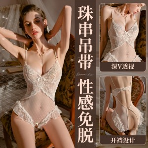 【情趣内衣】霏慕 法式蕾丝珍珠开裆连体衣7051